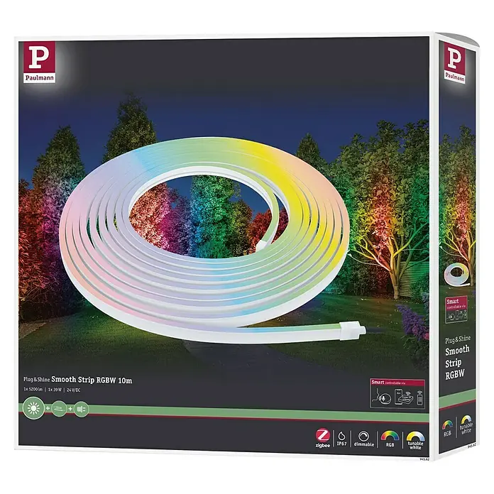 Paulmann Plug & Shine LED-Band Smooth Stripe - Länge: 10 m, RGBW, 1.400 lm, 24 V - Abbildung der Paulmann Plug & Shine Smooth Strip RGBW 10m, eine flexible und farbenfrohe Beleuchtungslösung.