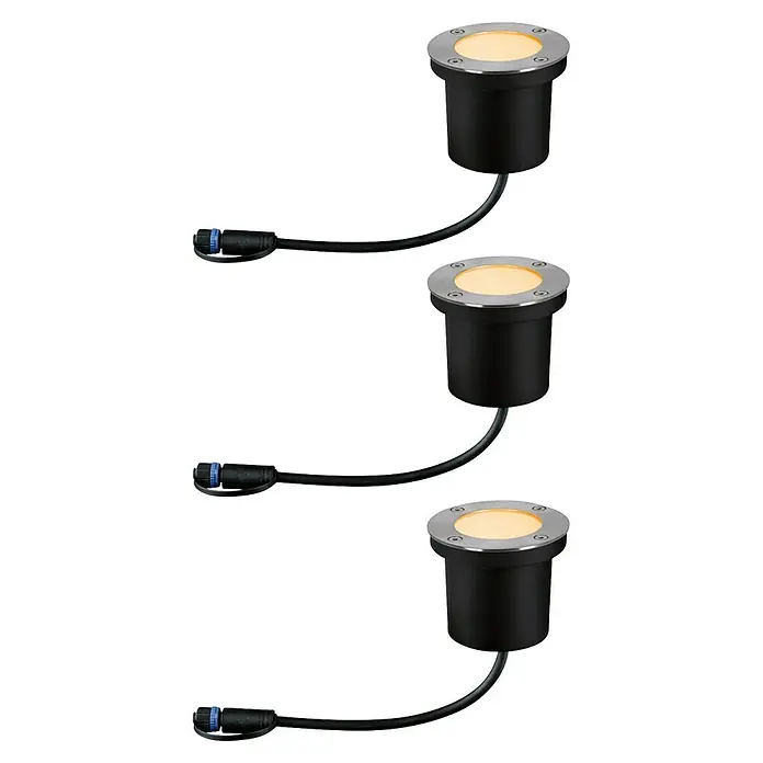 Paulmann Plug & Shine Basis-Set Floor insektenfreundlich - Anthrazit, IP67, Durchmesser: 9,8 cm, 3 Stk. - Das Bild zeigt eine Nahaufnahme von drei schwarzen Bodeneinbauleuchten mit runden, silbernen Einfassungen und warmweißem Licht.