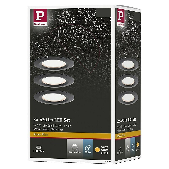 Paulmann Nova Set de focos LED empotrables redondos (Ø x Al: 7,8 x 4,5 cm, Negro, 3 ud., Blanco cálido) | BAUHAUS
