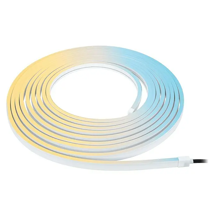 Paulmann Plug & Shine LED-Band Smooth Stripe - Länge: 10 m, RGBW, 1.400 lm, 24 V - Ein aufgerolltes LED-Band mit Farbverlauf von warmem Gelb zu kühlem Blau, ideal für stimmungsvolle Beleuchtung in jedem Raum.