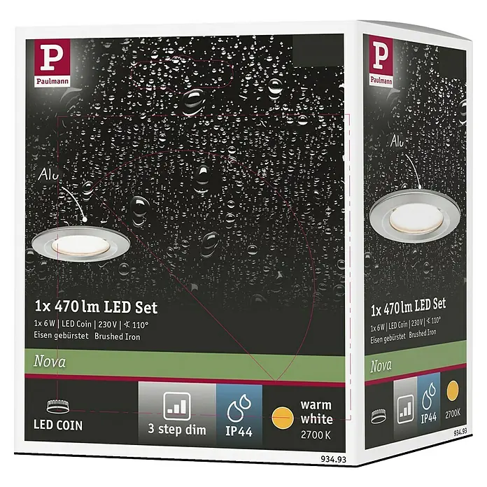 Paulmann Nova LED-Einbauleuchten-Set rund Coin - 3 W, Eisen gebürstet, 1 Stk., Warmweiß - Nahaufnahme der Produktverpackung für ein Paulmann LED-Set mit gebürstetem Eisen-Finish, das ein warmweißes Licht ausstrahlt.