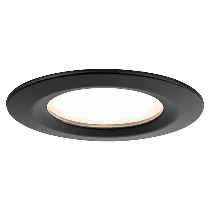 Paulmann Nova LED-Einbauleuchten-Set rund Plus Coin - Ø x H: 7,8 x 4,5 cm, Schwarz, 3 Stk., Warmweiß - Nahaufnahme einer runden, schwarzen LED-Deckenleuchte, die ein helles, warmes Licht ausstrahlt und sich ideal für moderne Innenräume eignet.