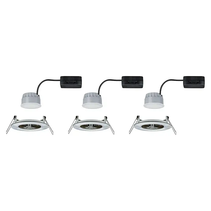 Paulmann Nova LED-Einbauleuchten-Set rund Coin - 3 W, Eisen gebürstet, 3 Stk., Warmweiß - Nahaufnahme von drei LED-Deckeneinbauleuchten, die einzeln an schwarzen Anschlussdosen befestigt sind, was ihre modulare Bauweise hervorhebt.