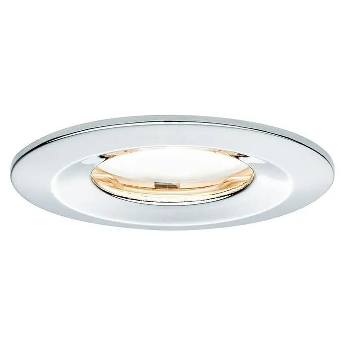 Paulmann Nova LED-Einbauleuchten-Set rund Plus Coin - Ø x H: 7,8 x 4,5 cm, Chrom, 1 Stk., Warmweiß - Nahaufnahme eines stilvollen, runden LED-Deckeneinbaustrahlers mit Chromrahmen, der warmes Licht ausstrahlt, perfekt für modernes Interieur.