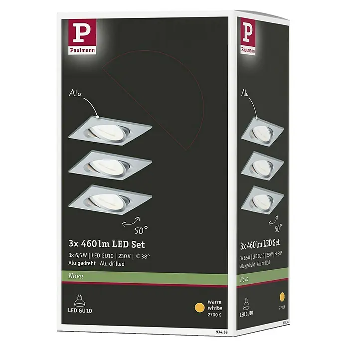 Paulmann Nova LED-Einbauleuchten-Set - L x B x H: 8,4 x 8,4 x 9 cm, 3 Stk., Warmweiß, Nicht Dimmbar, Alu gedreht - Produktverpackung: Paulmann 3er Set Nova LED-Einbaustrahler aus Aluminium, warmweißes Licht (2700K), drehbare Strahler mit GU10 Sockel.
