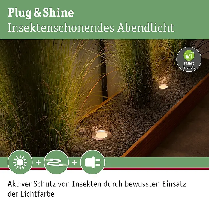 Paulmann Plug & Shine Basis-Set Floor insektenfreundlich - Anthrazit, IP67, Durchmesser: 9,8 cm, 3 Stk. - Das Bild zeigt die Plug & Shine Insekten schonende Abendbeleuchtung, ein System, das Insekten schont.