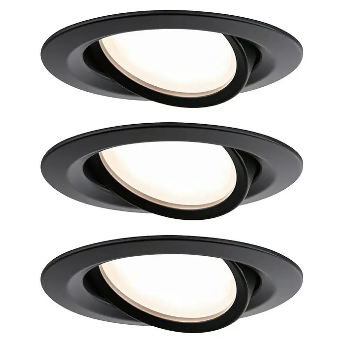 Paulmann Nova LED-Einbauleuchten-Set rund Coin - 6 W, Ø x H: 8,4 x 4,5 cm, Schwarz, 3 Stk., Warmweiß - Drei schwarze, runde LED-Einbaustrahler mit warmweißem Licht sind in einer vertikalen Reihe angeordnet.