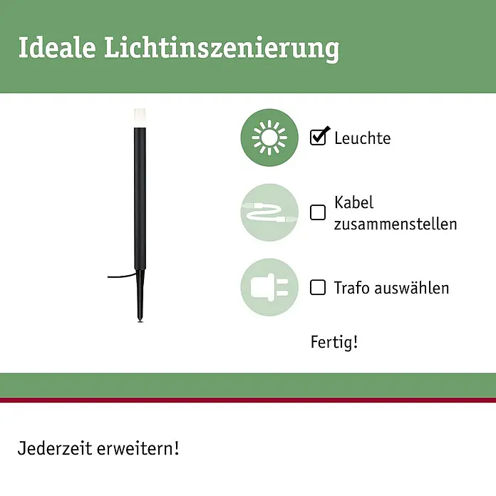 Paulmann Plug & Shine LED-Wegeleuchte Flarea - Schwarz, Höhe: 60 cm, Warmweiß - Abbildung einer Gartenleuchte, die eine einfache Installation mit Option zur Erweiterung zeigt.