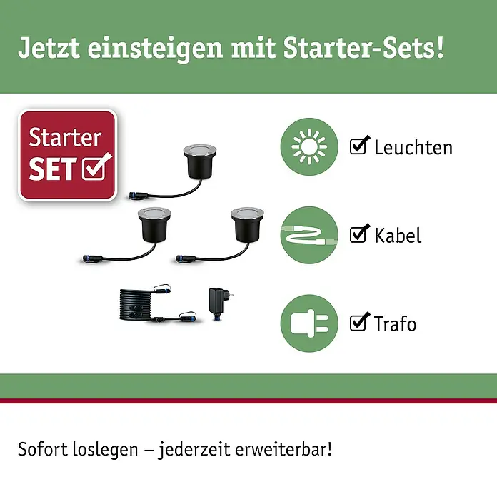 Paulmann Plug & Shine Basis-Set Floor insektenfreundlich - Anthrazit, IP67, Durchmesser: 9,8 cm, 3 Stk. - Das Bild zeigt ein Gartenleuchten Starter-Set mit Leuchten, Kabel und Trafo, um den Garten stimmungsvoll zu beleuchten.