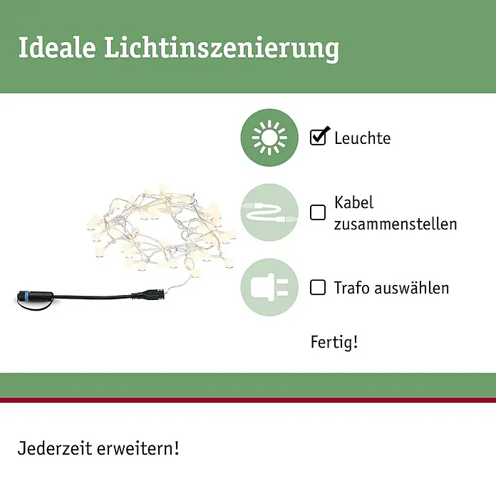 Paulmann Plug & Shine LED-Lichterkette - Außen, Lichtfarbe: Warmweiß, Anzahl Leuchtmittel: 48 Stk., Länge: 5 m - Abbildung einer Lichterkette mit LED-Kugeln, die für eine ideale Lichtinszenierung sorgen. Das Produkt ist erweiterbar und einfach zu installieren.