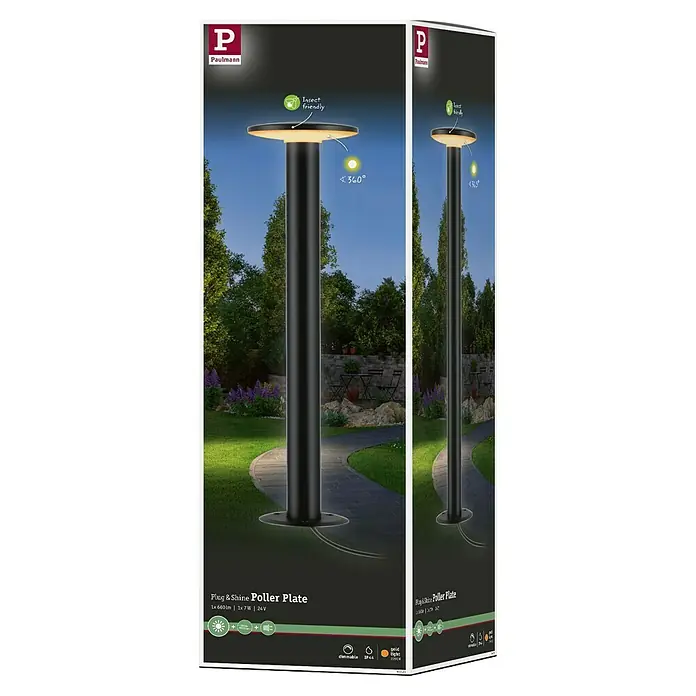 Paulmann Plug & Shine LED-Außenleuchte Plate insektenfreundlich - 7 W, Bernstein, IP44, Farbtemperatur: 2.200 K - Produktverpackung einer Paulmann Plug & Shine Pollerleuchte in Schwarz, ideal für den Garten. Insektenfreundlich und mit 360° Lichtverteilung.