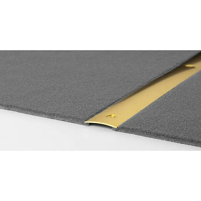 LOGOCLIC Übergangsprofil 124 - 1 m x 30 mm, Montageart: Schrauben - Nahaufnahme einer grauen Fußmatte mit einer goldenen Metallschiene. Die Schiene trennt die Matte und verleiht ihr einen eleganten Touch.