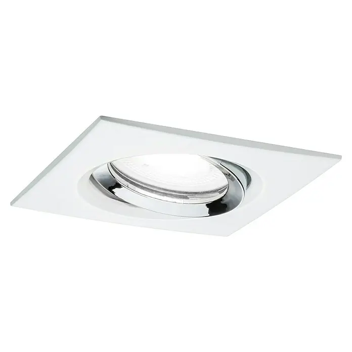 Paulmann Nova LED-Einbauleuchte Plus - 6 W, L x B x H: 9,3 x 9,3 x 9,3 cm, Neutralweiß - Ein quadratischer, weißer Einbaustrahler mit verstellbarem, silbernem Innenring, der das Licht fokussiert und eine moderne Beleuchtungslösung darstellt.