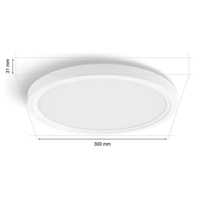 Philips Hue LED-Panel rund White & Color Ambiance Tento S - 25 W, Ø x H: 29,1 x 3,2 cm, Weiß, RGBW - Produktbild einer runden, flachen LED-Deckenleuchte in Weiß mit den Maßen 300 mm Durchmesser und 31 mm Höhe, ideal für moderne Innenräume.