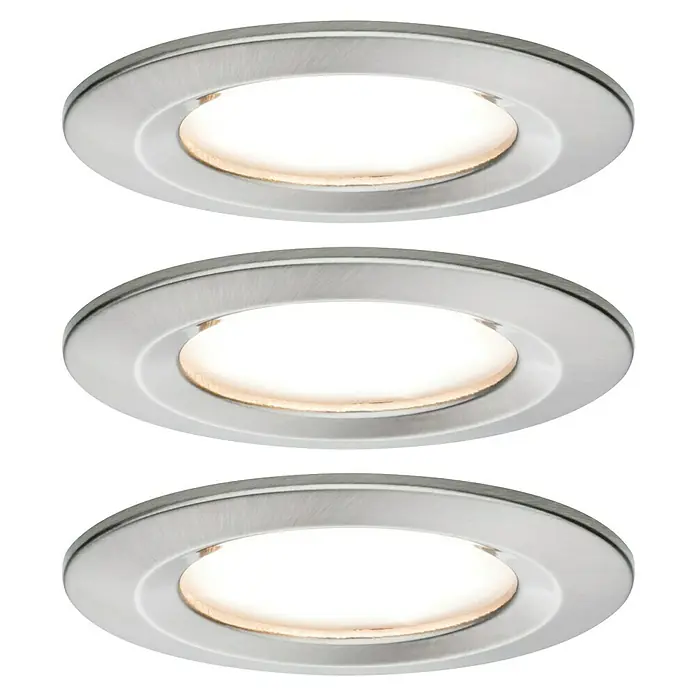 Paulmann Nova LED-Einbauleuchten-Set rund Plus Coin - Ø x H: 7,8 x 4,5 cm, Eisen gebürstet, 3 Stk., Warmweiß - Nahaufnahme von drei versenkten LED-Leuchten mit gebürsteten Metallrahmen, die ein warmes, einladendes Licht ausstrahlen.\n