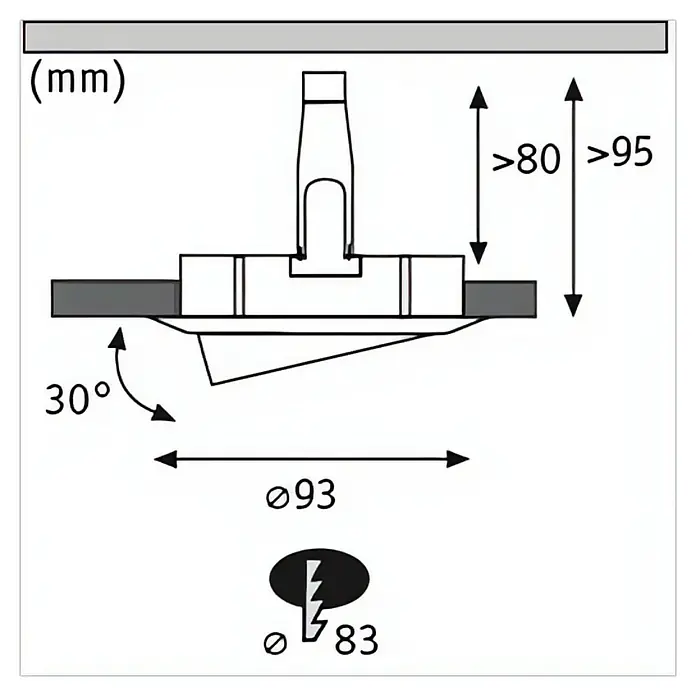 Paulmann Nova LED-Einbauleuchte rund Plus - 6 W, Ø x H: 9,3 x 9,5 cm, Neutralweiß, 1 Stk. - Produktzeichnung eines Artikels mit Maßen, inklusive Höhen- und Winkelangaben.