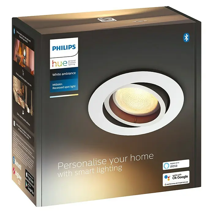 Philips Hue LED-Einbauspot White Ambience Recessed Milliskin - 4,2 W, Ø x H: 9 x 10 cm, Alu, 1 Stk., Kaltweiß - Nahaufnahme der Philips Hue Milliskin Einbaustrahler-Verpackung, die intelligente Beleuchtung für ein personalisiertes Zuhause verspricht, und Alexa/Google-Kompatibilität aufweist.