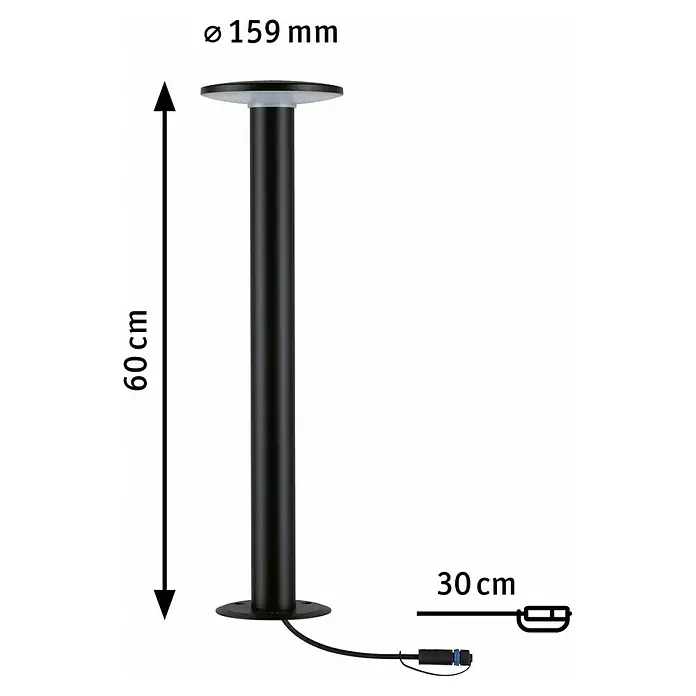 Paulmann Plug & Shine LED-Außenleuchte Plate insektenfreundlich - 7 W, Bernstein, IP44, Farbtemperatur: 2.200 K - Abbildung einer schwarzen Wegeleuchte mit Maßangaben: Höhe 60cm, Durchmesser oben 159mm, Kabellänge 30cm.