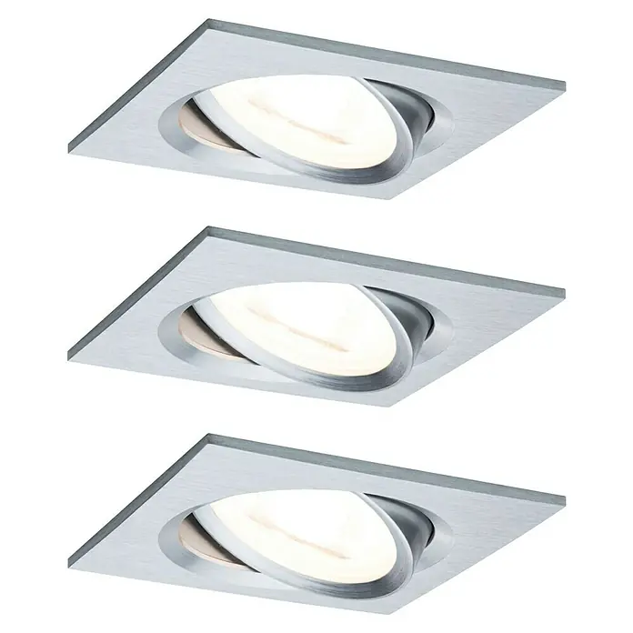 Paulmann Nova LED-Einbauleuchten-Set Coin - L x B x H: 8,4 x 8,4 x 4,5 cm, Alu gedreht, 3 Stk., Warmweiß, Dimmbar - Drei quadratische Einbaustrahler mit schwenkbarem, ovalem Leuchtmittel in silbernem Gehäuse.