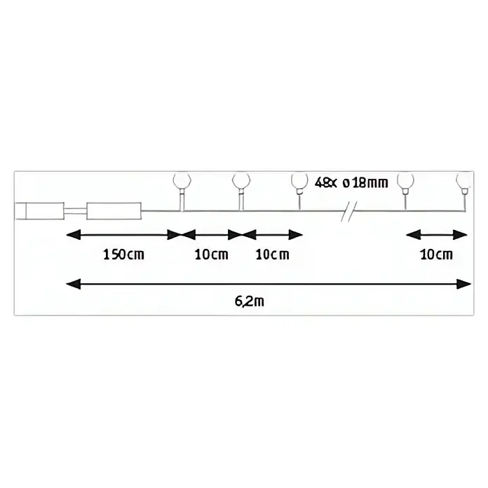 Paulmann Plug & Shine LED-Lichterkette - Außen, Lichtfarbe: Warmweiß, Anzahl Leuchtmittel: 48 Stk., Länge: 5 m - Schematische Darstellung einer Lichterkette mit 48 Glühbirnen von je 18 mm Durchmesser und verschiedenen Abständen.