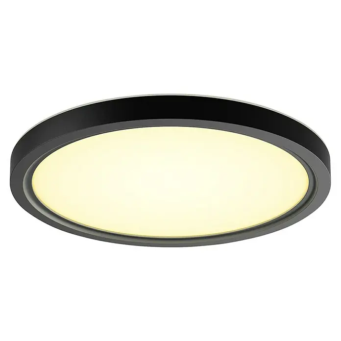 Philips Hue LED-Panel rund White Ambiance Tento S - 16,6 W, Ø x H: 29,1 x 3,2 cm, Schwarz, Kaltweiß - Nahaufnahme einer runden Deckenleuchte mit einem schwarzen Rahmen und einem warmweißen Licht. Perfekt für modernes Interieur.