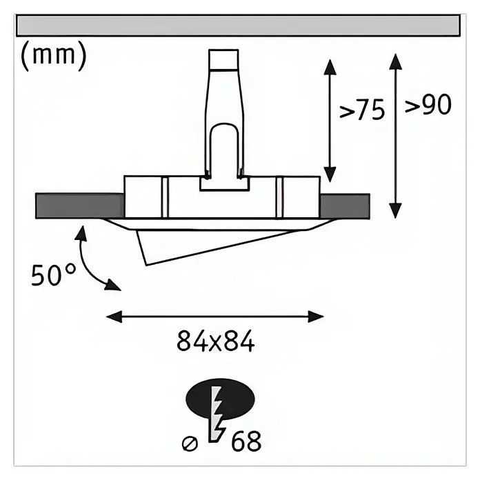 Paulmann Nova LED-Einbauleuchten-Set - L x B x H: 8,4 x 8,4 x 9 cm, 3 Stk., Warmweiß, Weiß matt - Technische Zeichnung eines Einbaustrahlers mit Maßangaben zu Einbauhöhe, Durchmesser und Abstrahlwinkel in Millimetern.
