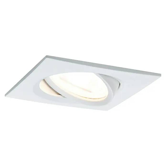 Paulmann Nova LED-Einbauleuchten-Set Coin - L x B x H: 8,4 x 8,4 x 4,5 cm, Weiß matt, 3 Stk., Warmweiß, Nicht Dimmbar - Nahaufnahme einer quadratischen, weißen Deckenleuchte mit schwenkbarem, rundem Leuchteinsatz, die ein modernes und helles Design bietet.