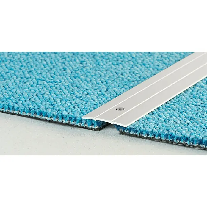 LOGOCLIC Übergangsprofil 132 - Silber, 1 m x 38 mm x 2,5 mm, Montageart: Schrauben - Profil zur einfachen Verbindung zweier blauer Teppichböden, nahtloser Übergang durch das silberne Übergangsprofil.