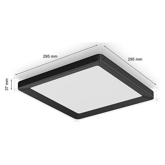 Philips Hue LED-Panel White Ambiance Tento S - 10,6 W, L x B x H: 29,5 x 29,5 x 3,5 cm, Schwarz, Kaltweiß - Produktbild einer quadratischen LED-Deckenleuchte in Schwarz mit den Maßen 295 x 295 x 37 mm. Perfekt für moderne Innenräume.