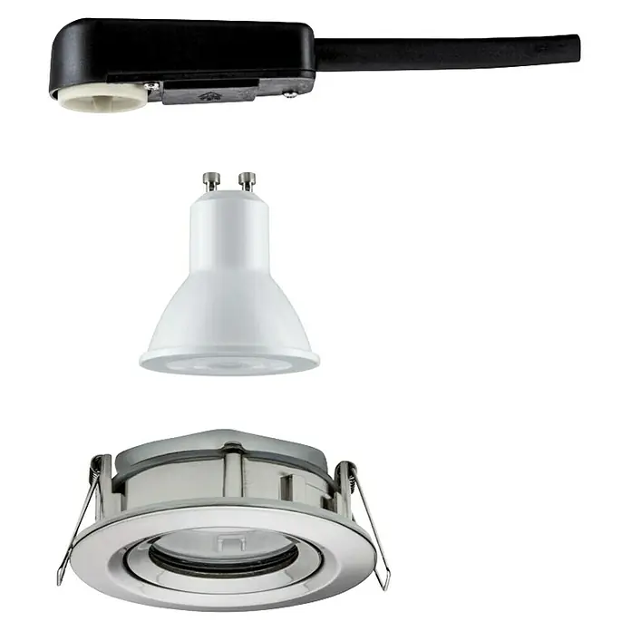 Paulmann Nova LED-Einbauleuchte rund Plus - 6 W, Ø x H: 9,3 x 9,3 cm, Lichtfarbe: Neutralweiß, 1 Stk., Mit Leuchtmittel, Eisen gebürstet - Drei verschiedene Leuchten, darunter eine Schienenleuchte, eine Aufbauleuchte und eine Einbauleuchte, die eine moderne Beleuchtungslösung bieten.