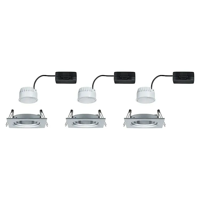 Paulmann Nova LED-Einbauleuchten-Set Coin - L x B x H: 8,4 x 8,4 x 4,5 cm, Alu gedreht, 3 Stk., Warmweiß, Nicht Dimmbar - Aufnahme von LED-Einbaustrahlern mit quadratischen Rahmen und Kühlkörpern, verbunden durch ein Schienensystem.