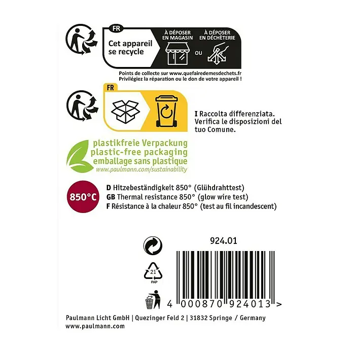 Paulmann Abstandhalter Einbaustrahler - 10 Stk., Höhe: 6 cm, Farbe: Schwarz - Produktverpackungs-Recyclinghinweise und thermische Beständigkeit 850°C, umweltfreundliche Verpackungsinformationen und Barcode.