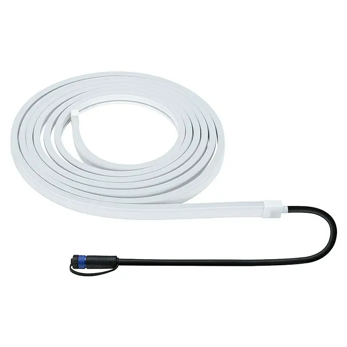 Paulmann Plug & Shine LED-Band Smooth Stripe Outdoor - Länge: 5 m, Lichtfarbe: Warmweiß, 870 lm, 24 V, 26 W - Detailaufnahme einer flexiblen, weißen LED-Leiste mit Anschlusskabel. Ideal für dekorative Beleuchtungslösungen im Innenbereich.