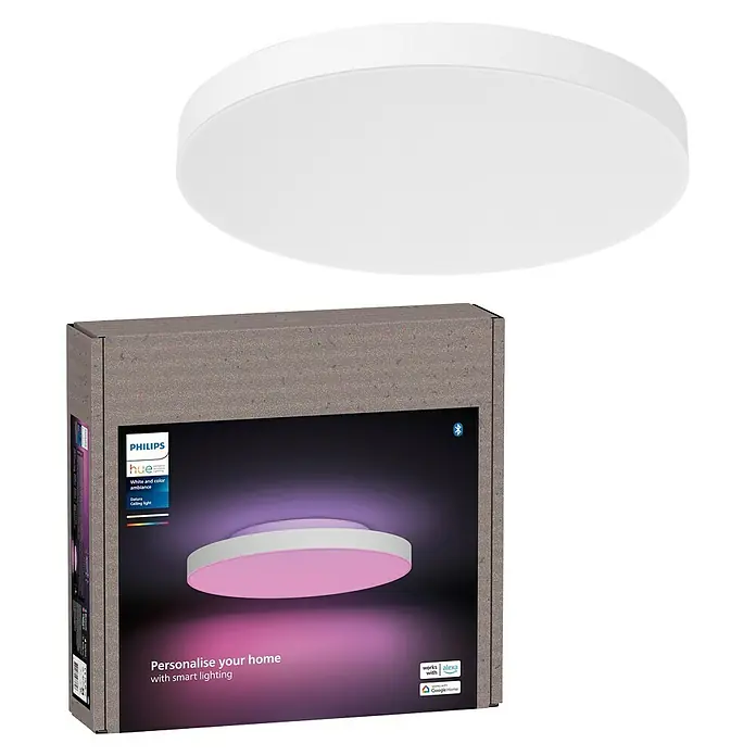Philips LED-Deckenleuchte rund Datura - 67 W, Ø x H: 60 x 5 cm, Weiß, RGBW - Das Philips Hue Deckenlicht "White and Color Ambiance" in Weiß, zusammen mit seiner Verpackung, für eine stimmungsvolle Beleuchtung im Zuhause.