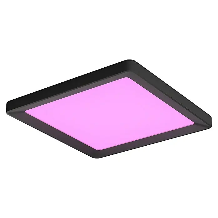 Philips Hue LED-Panel White & Color Ambiance Tento S - 10,6 W, L x B x H: 29,5 x 29,5 x 3,5 cm, Schwarz, RGBW - Nahaufnahme einer quadratischen LED-Deckenleuchte mit schwarzem Rahmen und rosa Licht. Ideal für moderne Innenräume.