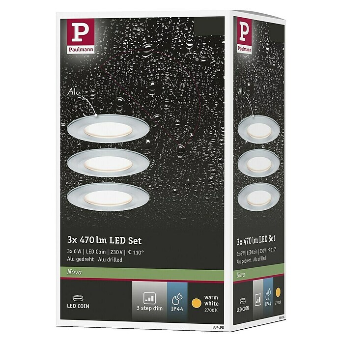 Paulmann Nova Set de focos LED empotrables redondos Coin 3-Stepdim (3 W, Aluminio, 3 ud., Blanco cálido) | BAUHAUS