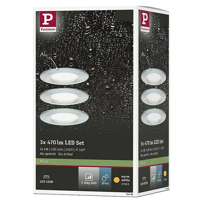 Paulmann Nova LED-Einbauleuchten-Set rund Coin - 3 W, Aluminium, 3 Stk., Warmweiß - Produktverpackung der Paulmann Nova LED Einbauleuchten. Das Set enthält drei runde, dimmbare LED-Leuchten in Aluminiumoptik für den Innenbereich.