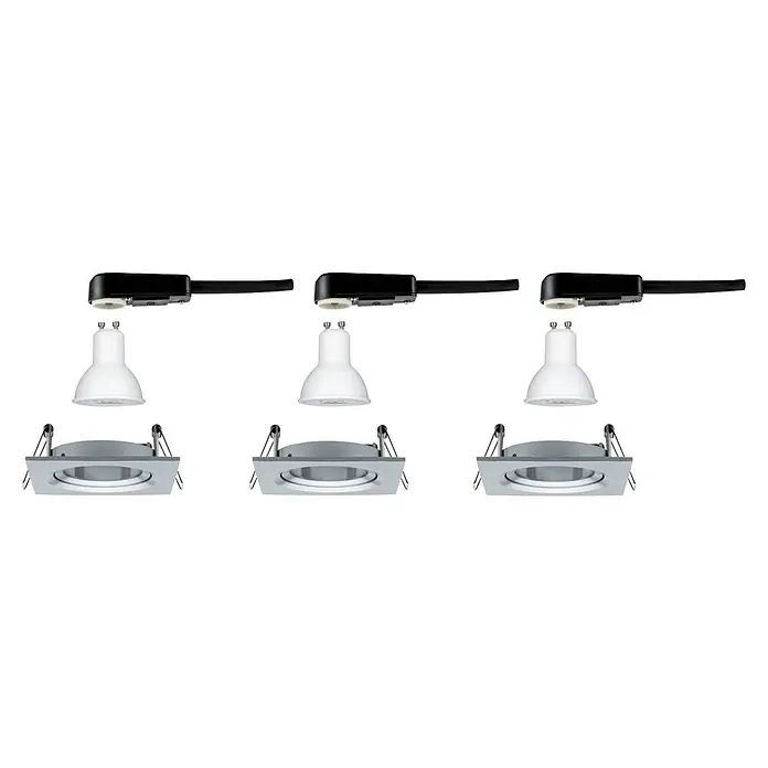 Paulmann Nova LED-Einbauleuchten-Set - L x B x H: 8,4 x 8,4 x 9 cm, 3 Stk., Warmweiß, Alu gedreht - Eine Detailaufnahme einer dreiflammigen Stromschienenleuchte mit quadratischen Einbaustrahlern und weißen Lampen für eine moderne Beleuchtung.