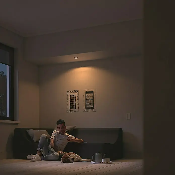 Philips Hue LED-Einbauspot White Ambience Recessed Milliskin - 4,2 W, Ø x H: 9 x 10 cm, Alu, 1 Stk., Kaltweiß - Das Bild zeigt eine Philips Hue Deckenleuchte in einem gemütlichen Wohnzimmer mit einem Mann und einem Hund.