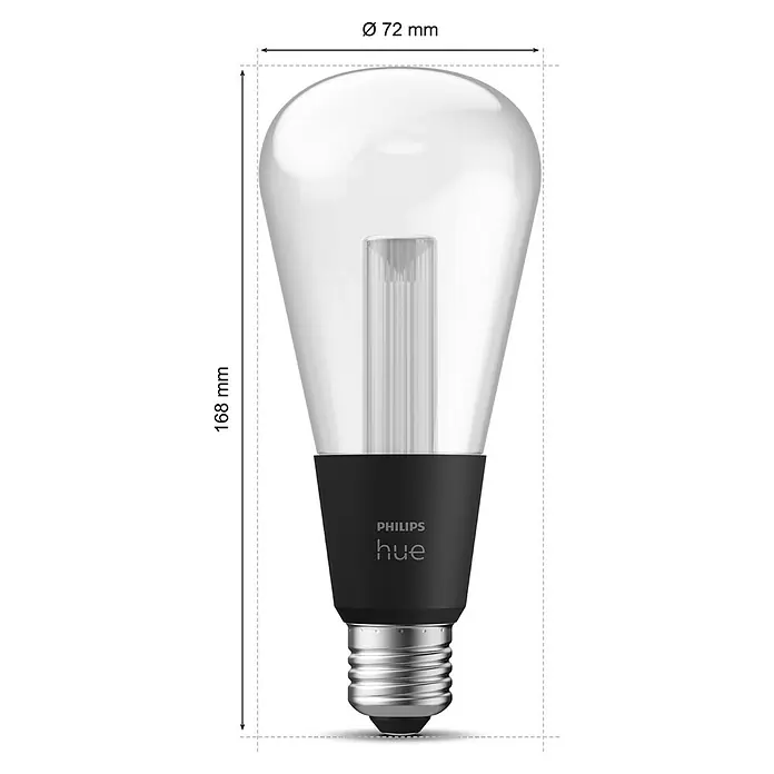 Philips Hue Smart-LED-Lampe Waca Lightguide Edison - E27, Dimmbar, RGBW, 500 lm, 6,8 W, 1 Stk. - Philips Hue Filament-Lampe: Ein elegantes Leuchtmittel mit Vintage-Flair und smarten Funktionen, 72 mm Durchmesser und 168 mm Höhe.