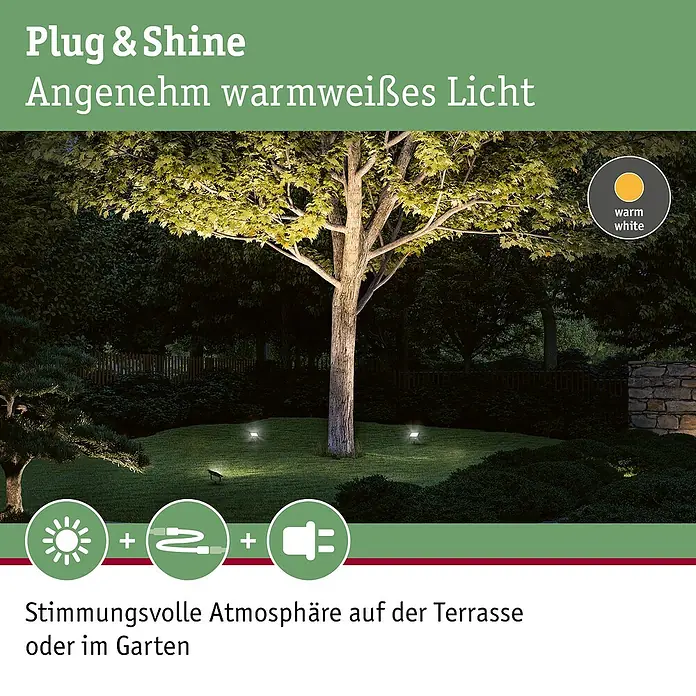 Paulmann Plug & Shine LED-Gartenspot Flood - Warmweiß, L x B x H: 26 x 160 x 145 mm - Bild von Plug & Shine Gartenleuchten, die eine stimmungsvolle Atmosphäre auf der Terrasse oder im Garten schaffen, mit angenehm warmweißem Licht.
