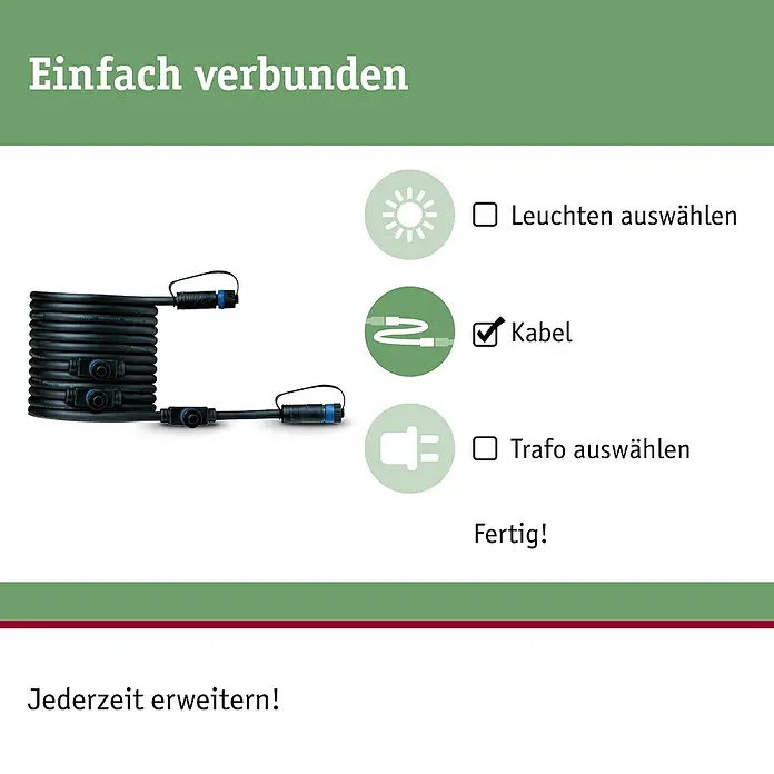 Paulmann Plug & Shine Verbindungskabel - 5 m, 4 Anschlüsse, IP68 - Einfach verbunden: Illustration des Kabelsystems, das Leuchten und Transformatoren verbindet.