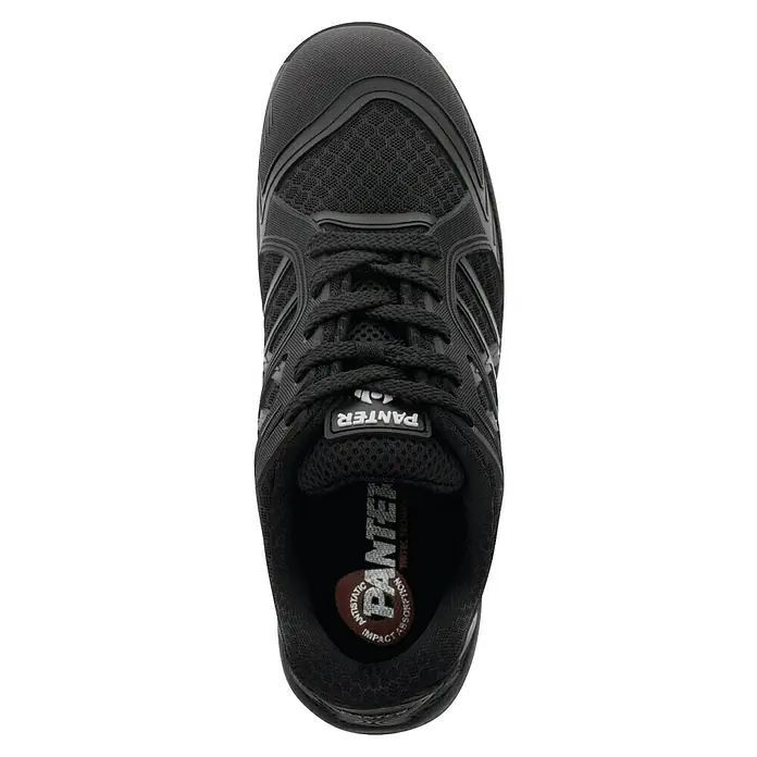 Panter Zapato bajo de seguridad Argos - 45, Clase de protección según EN ISO 20345: S1P, Negro - Primer plano de un zapato Panther negro, que muestra un diseño elegante y robusto para una comodidad y protección óptimas.