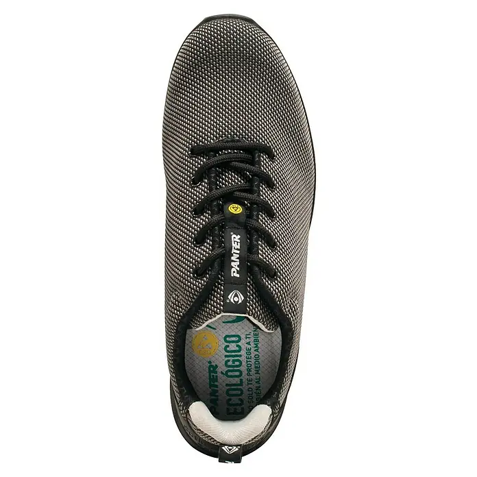 Panter Zapato bajo de seguridad Forza - 38, Clase de protección según EN ISO 20345: S3, Negro - Primer plano de un zapato de seguridad Panter, con cordones y suela ecológica para comodidad y protección.