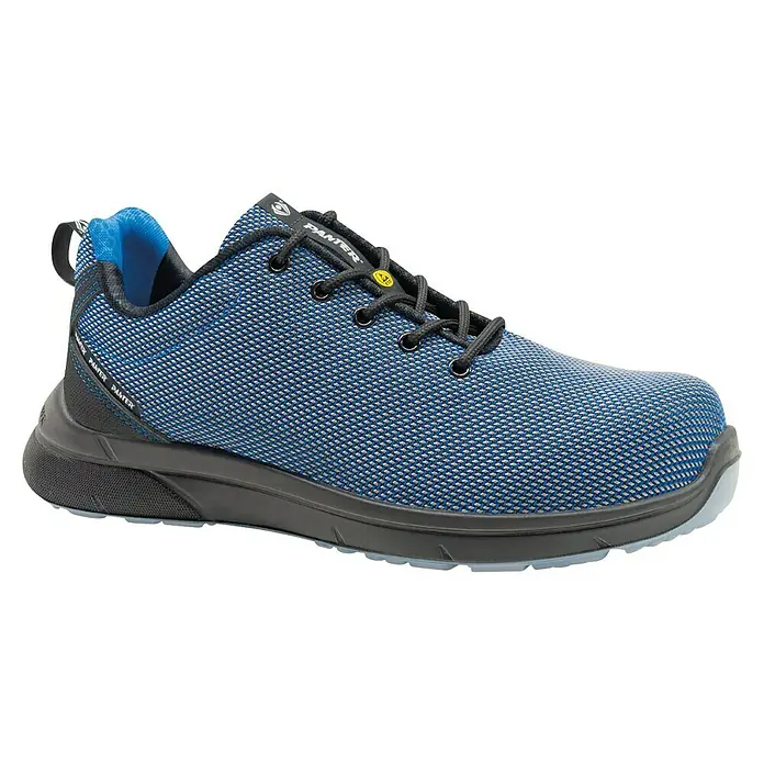 Panter Zapato bajo de seguridad Forza - 47, Clase de protección según EN ISO 20345: S3, Azul - Zapato de seguridad azul Panter con suela y cordones negros. Ideal para el lugar de trabajo.