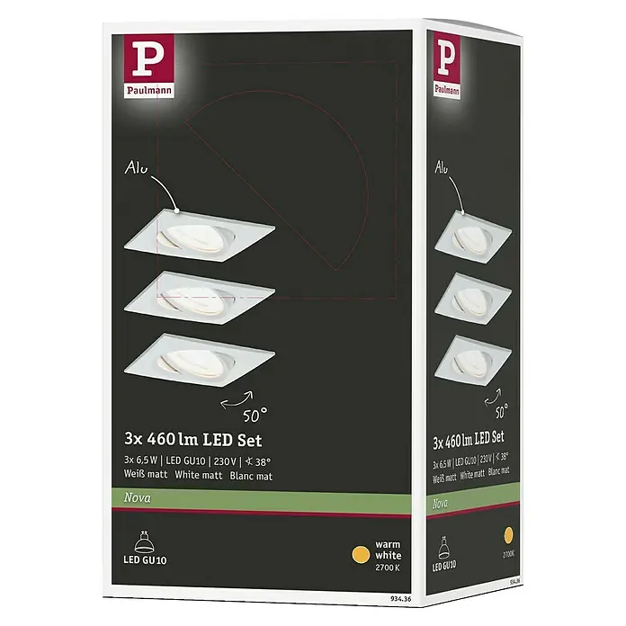 Paulmann Nova LED-Einbauleuchten-Set - L x B x H: 8,4 x 8,4 x 9 cm, 3 Stk., Warmweiß, Nicht Dimmbar, Weiß matt - Produktverpackung: Paulmann Nova LED-Set mit drei weißen, matten Aluminium-Einbaustrahlern, je 460 Lumen, GU10, 2700K.