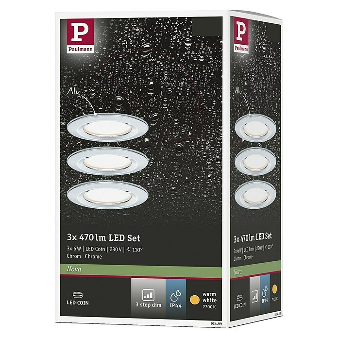 Paulmann Nova Set de focos LED empotrables redondos Coin 3-Stepdim (3 W, Cromo, 3 ud., Blanco cálido) | BAUHAUS