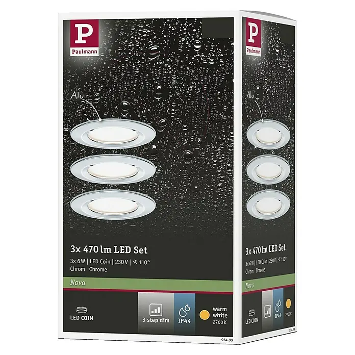 Paulmann Nova LED-Einbauleuchten-Set rund Coin - 3 W, Chrom, 3 Stk., Warmweiß - Ein Produktfoto der Paulmann Nova LED-Einbaustrahler im 3er-Set, ideal für moderne Beleuchtungslösungen in Chromoptik.