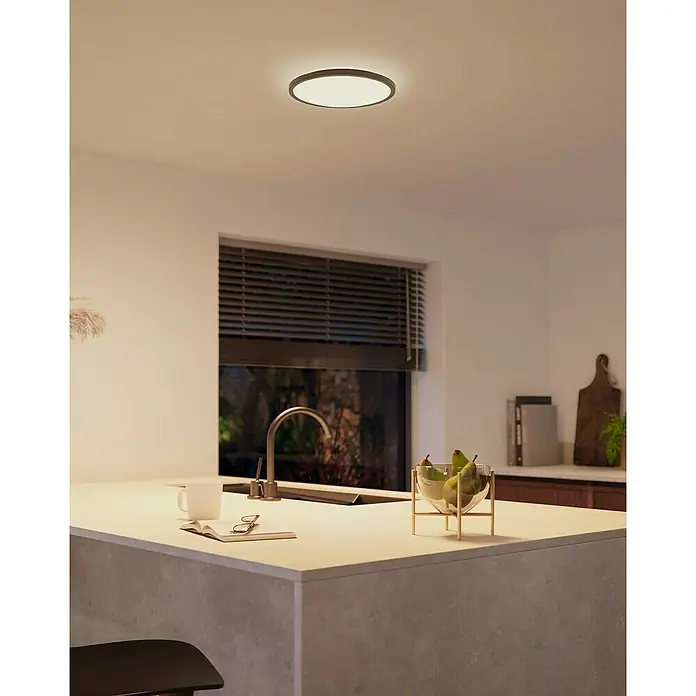 Philips Hue LED-Panel rund White Tento S - 16,6 W, Ø x H: 29,1 x 3,2 cm, Schwarz, Warmweiß - Deckenleuchte im modernen Küchendesign.