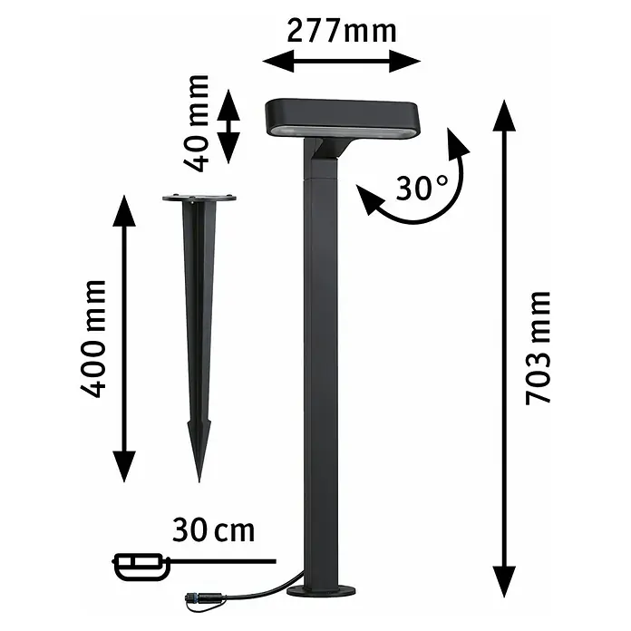 Paulmann Plug & Shine LED-Gartenspot Ito - 7,5 W, Warmweiß, L x B x H: 18,8 x 2,7 x 110 cm - Abbildung einer Gartenleuchte mit Maßen, die die Höhe, Breite und den Winkel des Produkts zeigen.